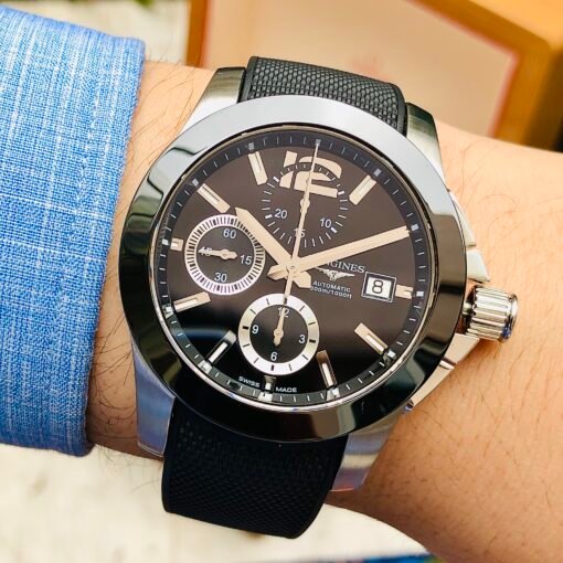Đồng Hồ Longines Conquest Chronograph Black Dial Ceramic Bezel Rubber - L3.661.4.56.2 - Hình ảnh 4